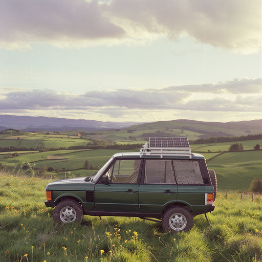 Eco-friendly 1980 Range Rover conversion running on biofuel surrounded by hills and renewable energy sources