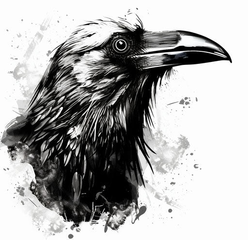 A raven with an upside down horn, black and white ink