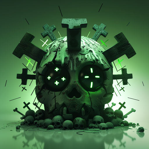 Skull with crosses, animated energy, shiny eyes, cartoon violence