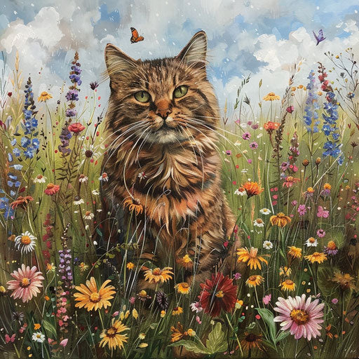 Brown cat in a field of flowers