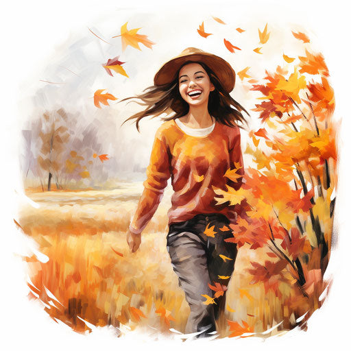 Cheerful autumn clipart in the style of oil painting, on a white background