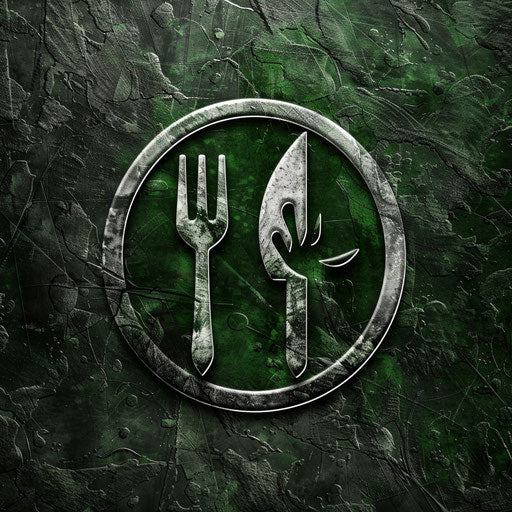 Restaurant logo in green and silver with a textured background