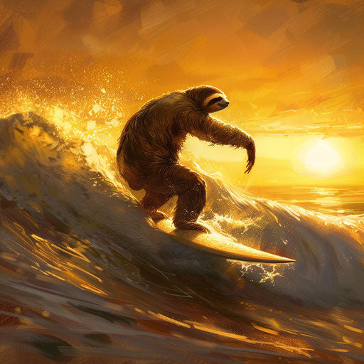 Sloth riding gentle wave at golden sunset beach
