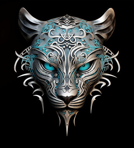 Lion tiger ray tattoo design, Maori art style, light silver and cyan