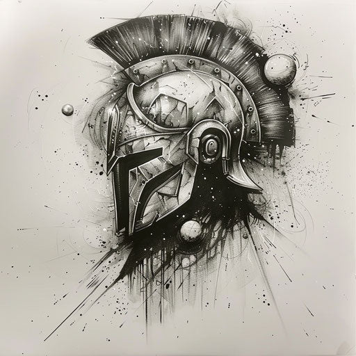 Celestial-themed spartan helmet tattoo sketch
