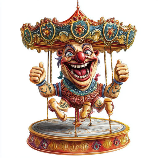 Humorous caricature of a carousel caricature clipart with human characteristics, exaggerated long eyelashes, big hands, miniature, vibrant colors, cartoon style, thumbs up, high-resolution, no background, isolated -c 40