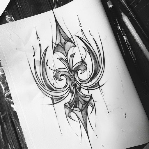 Bold and graphic tattoo sketch of a fleur de lis in a tribal style with sharp black outlines