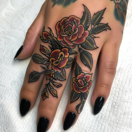 Finger tattoos for women in the style of Ed Hardy with classic roses and thorns