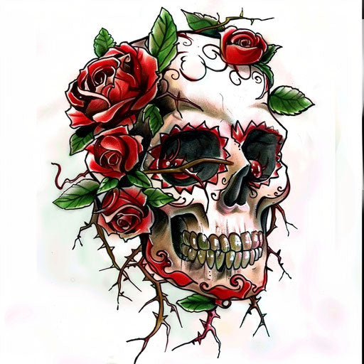 Sugar skull tattoo design with intertwined roses and thorns