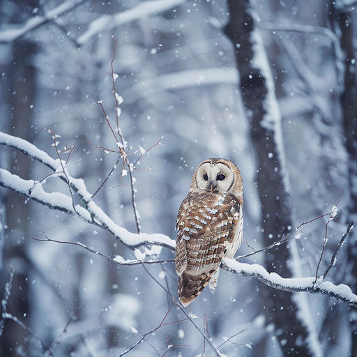 White spotted owl in soft snowfall amid a snowy forest