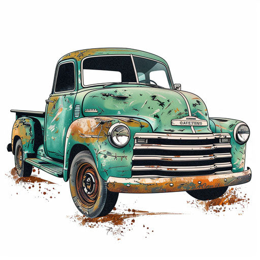 Vintage American truck tattoo illustration, rustic and detailed in shades of green and brown on white paper.