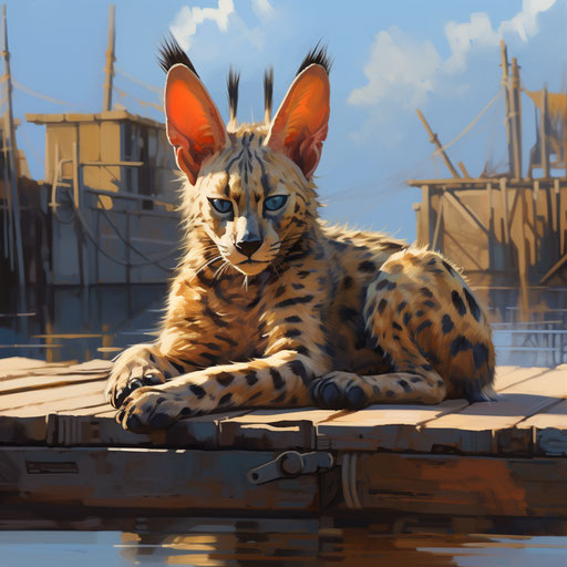 A serval cat lying on a dock