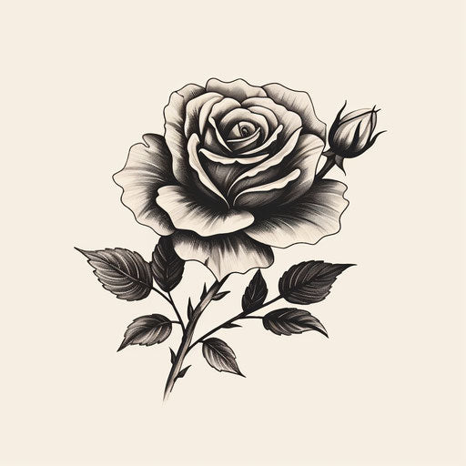 Illustration of a tattoo design with a rose, black and white realism style