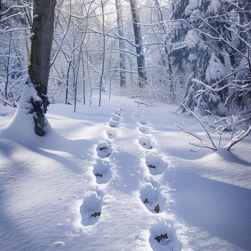 Snowy forest with wildlife tracks in fresh snow