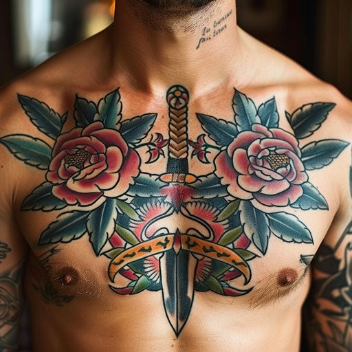 Men's chest tattoo traditional roses and daggers