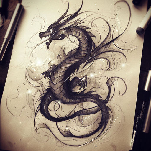 Subtle flat tattoo sketch of a black dragon with shimmering mystic aura