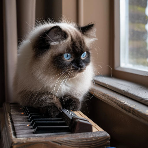 Himalayan cat playing with a small toy piano, playful