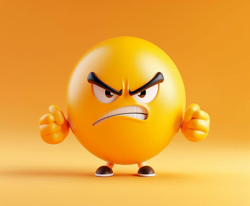 Cartoon emoticon making angry face while pointing at camera