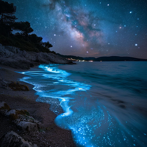 Hvar Beach under starry sky with glowing waves at night