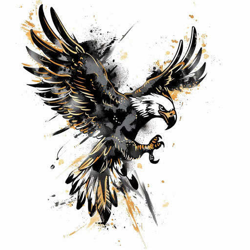 Roman eagle tattoo in black with golden accents on white