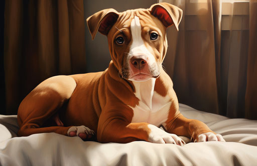 Brown and white pit bull sitting on a bed, babycore 17:11
