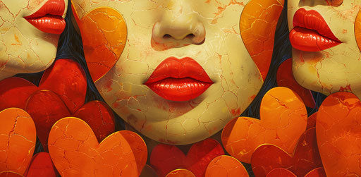 Emotive heart faces with red hearts, yellow style