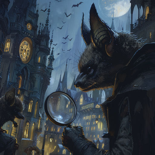 Bat detective solving mysteries in gothic cityscape at midnight