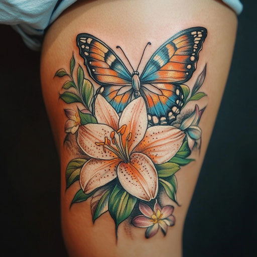 Feminine tattoos with a butterfly on a lily
