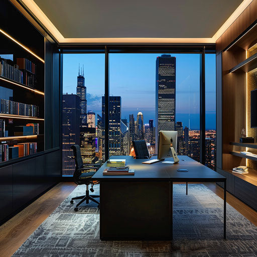 Home office with panoramic city skyline view