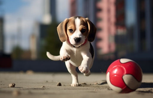 Small beagle puppy playing with a red ball