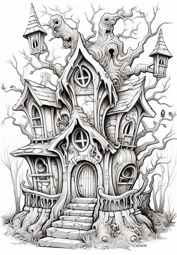 Fantastical Halloween house coloring page