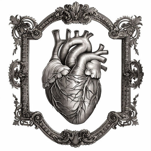 Intricate anatomical heart tattoo in ornate vintage frame