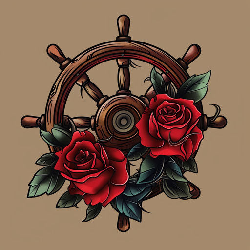 Ship wheel and rose: journey of destiny in reds and dark woods