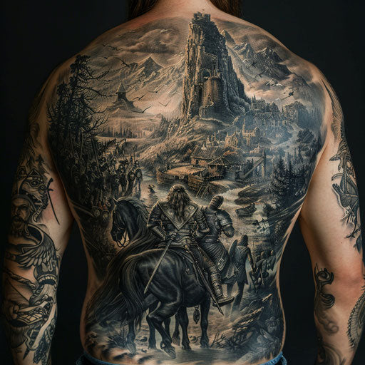 Epic back tattoos for men depicting a mythological journey