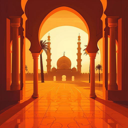 Realistic Islamic clipart on a flat sunset orange background