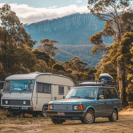 Vintage Range Rover with trailer in national park