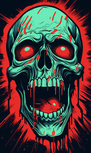 Skull with open mouth, rough 2D animation style, optical illusions, distressed surfaces, all of above, outlined art, 45:76