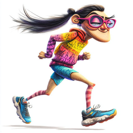 Humorous caricature of a jogging clipart with human characteristics, exaggerated long eyelashes, long legs, pastel shades, vibrant colors, cartoon style, winking, high-resolution, no background, isolated