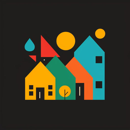 Lively real estate logo with bright colors and fun shapes