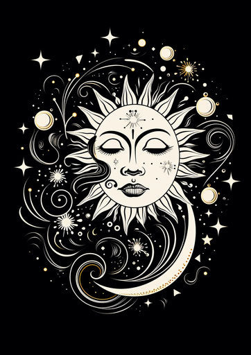 Sun, moon and stars with a moon tattoo symbol
