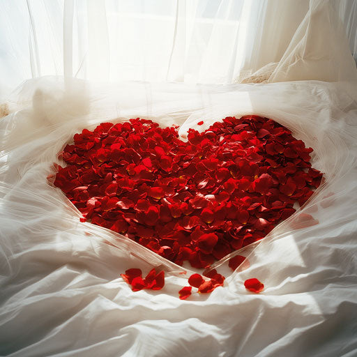 Red rose petal heart on bed with large veil