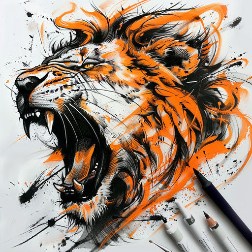 Bold tattoo sketch of a roaring lion, using dynamic orange and black strokes