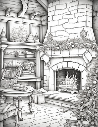 Christmas-colored fireplace in monochrome ink style