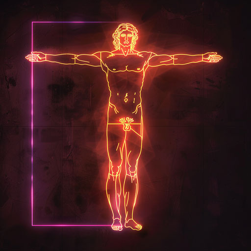 Minimalist sketch of Vitruvian Man with neon lights