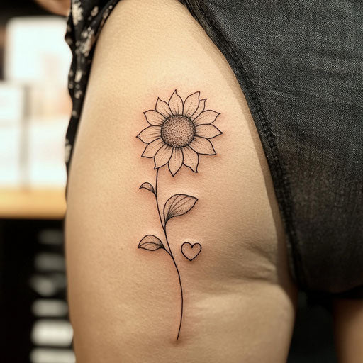 Tiny sunflower tattoo with bold outlines and heart-shaped stem