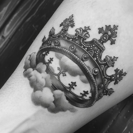 Surreal king crown tattoo blending clockwork and clouds in grayscale on white background