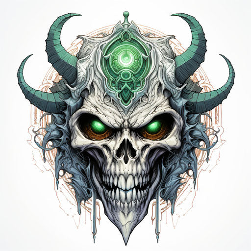 Evil demon skull with silver green eyes