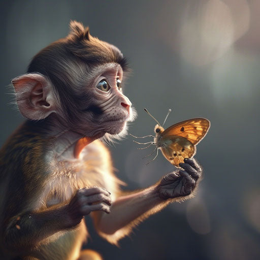 Cute monkey interacting with a butterfly, Gregory Colbert style