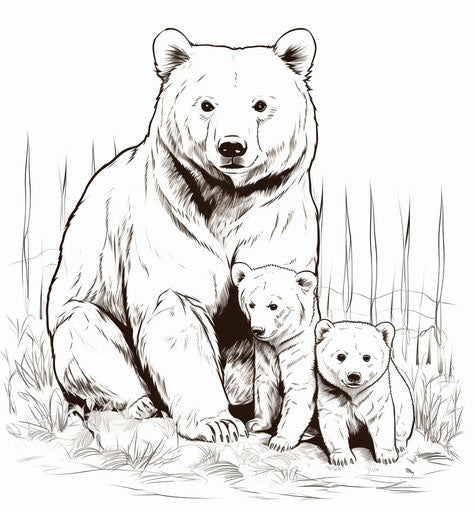 Bear family next to mother, graphic black and white style