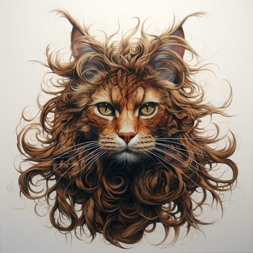 Long-haired curly-horned cat on white background, massurrealism style, masculine, French realism